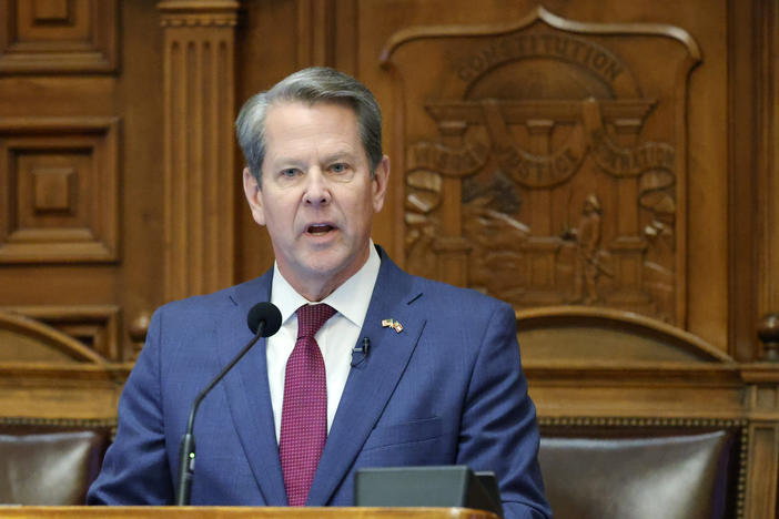 Georgia Gov. Brian Kemp delivers the State of the State address on the House floor of the state Capitol on Wednesday, Jan. 25, 2023 in Atlanta. (AP Photo/Alex Slitz)