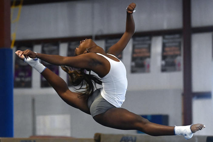 Fisk University gymnast Jordynn Cromartie performs her floor exercise routine during a team practice at the Nashville Gymnastics Training Center on Wednesday, Dec. 28, 2022, in Nashville, Tenn. On Friday afternoon, Jan. 6, 2023, at Orleans Arena in Las Vegas, Cromartie, now a freshman at Fisk University, and the rest of her teammates will make history when they become the first HBCU to participate in an NCAA women's gymnastics meet. 