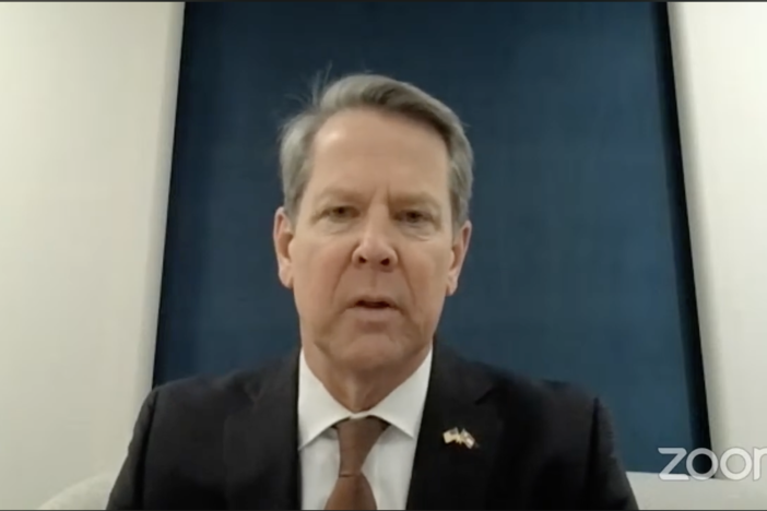 Gov. Brian Kemp addresses legislative hearings on his $32.5 billion budget proposal remotely from Davos, Switzerland