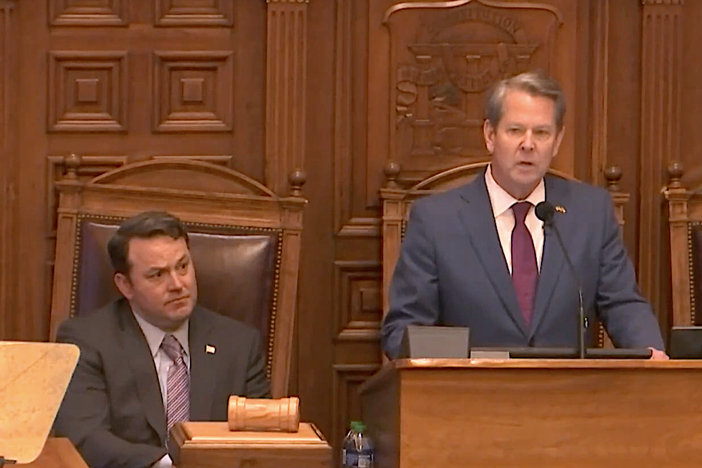 Georgia Governor Kemp delivers the 2023 State of the State address on Jan. 26 as Lt. Gov. Burt Jones looks on.