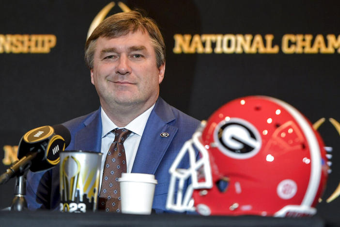 Georgia head coach Kirby Smart speaks during a news conference ahead of the national championship NCAA College Football Playoff game between Georgia and TCU, Sunday, Jan. 8, 2023, in Los Angeles. The championship football game will be played Monday.