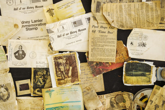 Items from a 1973 time capsule are displayed after it was opened at Atrium Health Navicent hospital on Feb. 28, 2023.