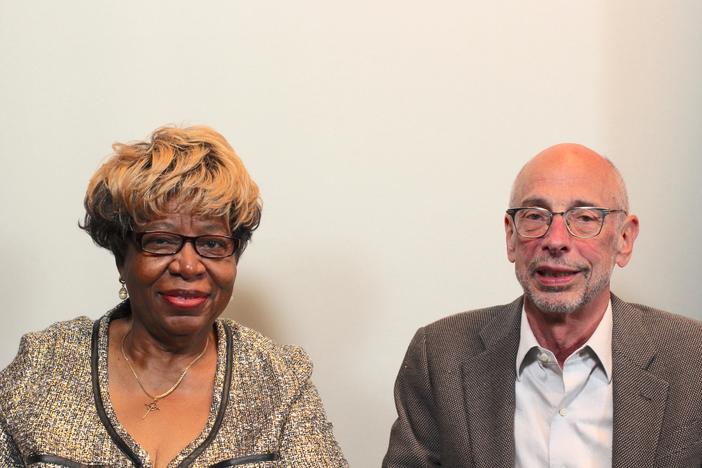 Polio survivor Shirley Duhart-Green speaks with longtime friend Dr. Dale Strasser at the StoryCorps Atlanta booth in 2023.
