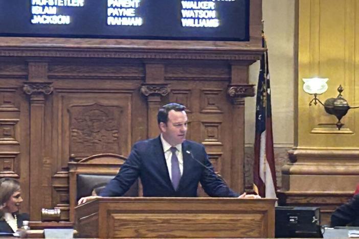 Newly elected Lt. Gov. Burt Jones in front of the Georgia Senate in January. (Photo credit: Rebecca Grapevine)