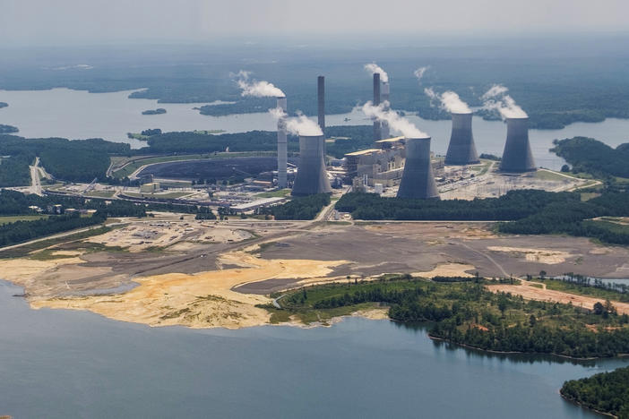 Georgia Power's Plant Scherer with the coal ash pond where residuals from burning coal at the plant are stored. The pond goes to depths of 80 feet in some places and comes into contact with groundwater.