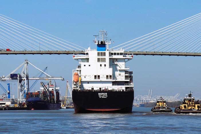 The container ship Marius sails toward the Talmadge Memorial Bridge en route to the Port of Savannah's Ocean Terminal on Feb. 20, 2023.