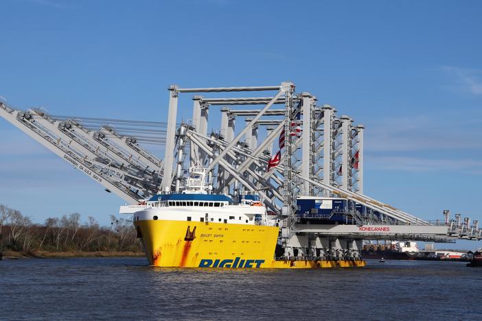 The ship BigLift Baffin carried four cranes along the Savannah River on Thursday, Feb. 9, 2023.