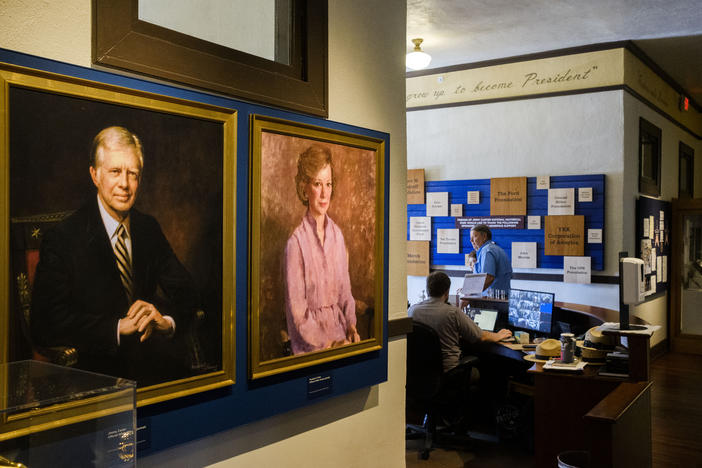 Portraits of Jimmy Carter and his wife Rosalynn hang in the hallway of the former Plains High School, Carter's alma mater and now the centerpiece of the Jimmy Carter National Historic Site.