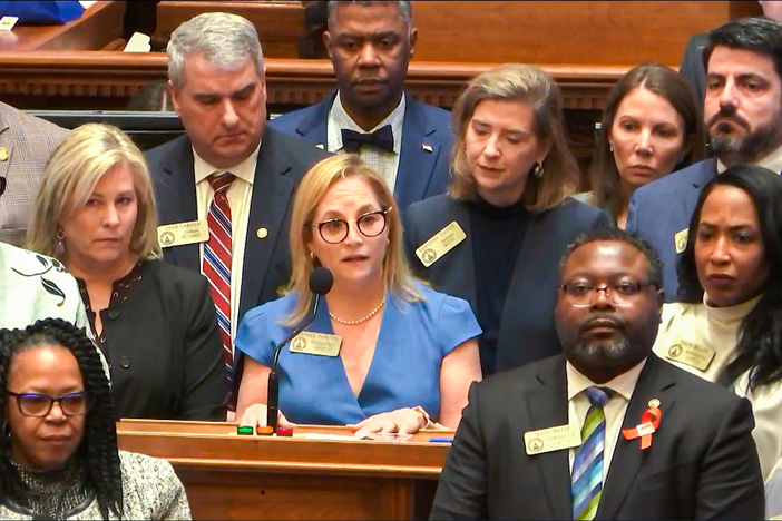 Rep. Esther Panitch speaks in the Georgia Capitol about her experience with antisemitism.