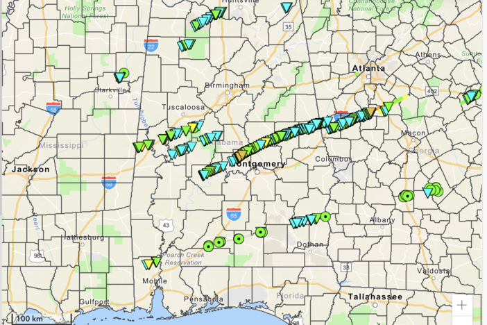An interactive map shows multiple lines of storms moving across Alabama and Georgia on Jan. 12, 2023