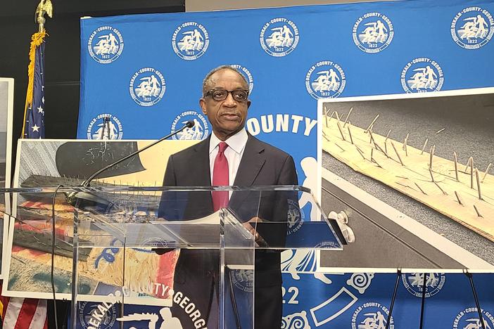 DeKalb CEO Michael Thurmond speaks at a press conference March 24, 2023 announcing an executive order closing Intrenchment Creek Park and nearby areas until further notice.