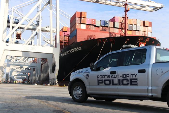 A Georgia Ports Authority police truck is parked at the Port of Savannah's Garden City Terminal.