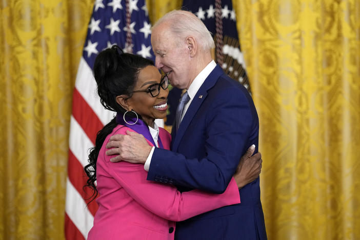 President Joe Biden presents the 2021 National Medal of the Arts to Gladys Knight at White House in Washington, Tuesday, March 21, 2023.