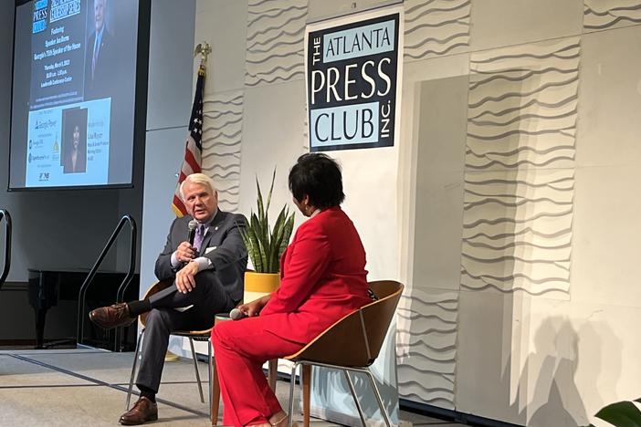  House Speaker Jon Burns speaks at an Atlanta Press Club event during his first session presiding over the House of Representatives. WABE host Lisa Rayam posed the questions. Jill Nolin/Georgia Recorder