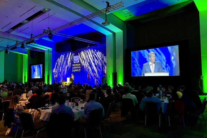 Georgia Gov. Brian Kemp speaks at the Georgia Logistics Summit at the Savannah Convention Center on March 8, 2023.