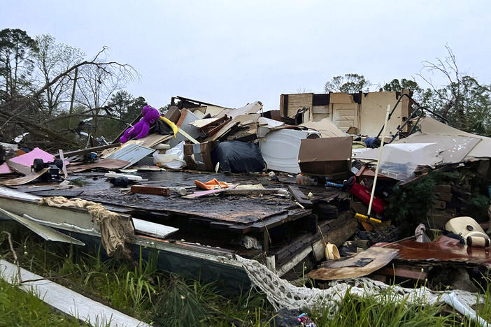 Damage is seen at a house on South Main Street in Pembroke, Ga., 30 miles from Savannah, after a storm passed through the city, Tuesday, April 5, 2022. 