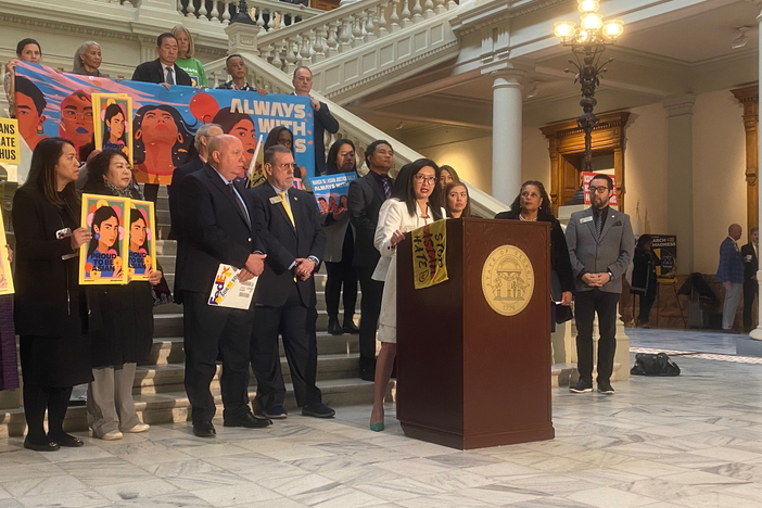 Rep. Michelle Au speaks at the Georgia State Capitol on March 16, 2023, two years after six Asian women and two others were shot and killed in spa shootings in 2021