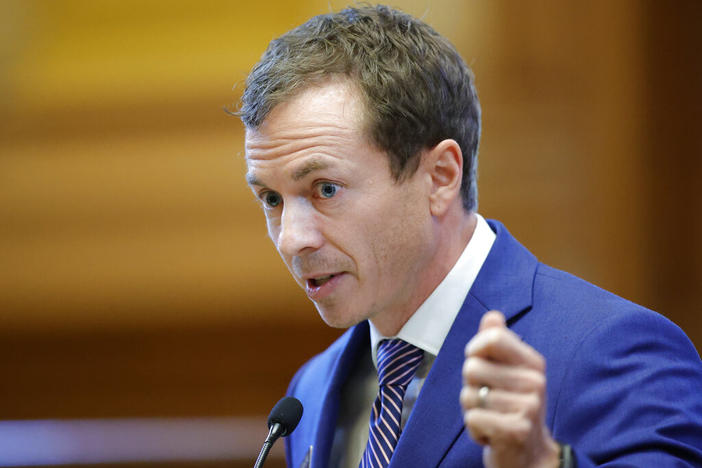 Sen. Greg Dolezal, R-Cumming, speaks in favor of SB 233 in the Senate chambers during crossover day at the Georgia State Capitol on Monday, March 6, 2023, in Atlanta.