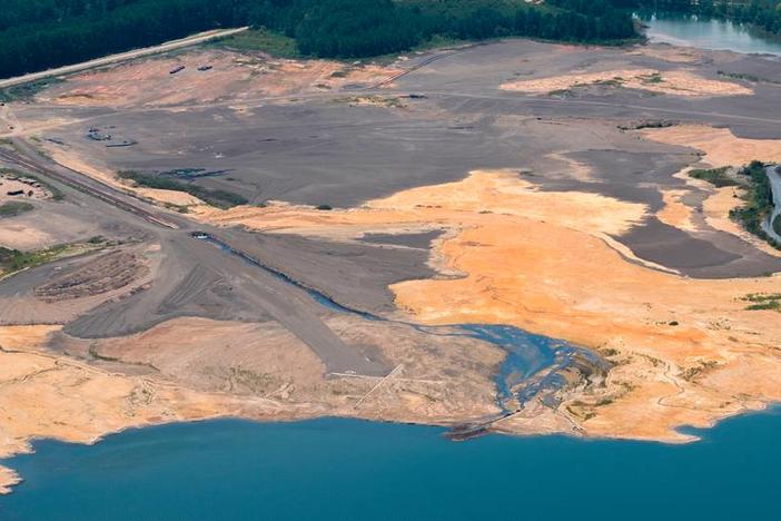 A part of the coal ash pond adjacent to Georgia Power’s Plant Scherer, seen from the air in August 2019. 