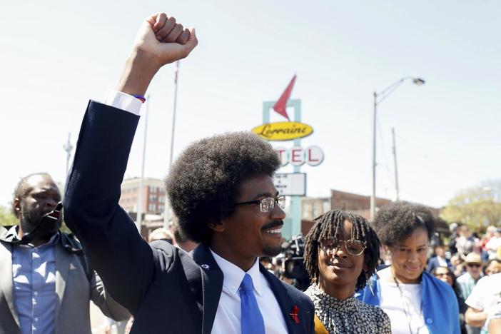 Justin Pearson arrives at the Civil Rights Museum in Memphis, Tenn., before marching to the Shelby County Board of Commissioners meeting on Wednesday, April 12, 2023, where it is expected Pearson will be reinstated to his position in the Tennessee House.