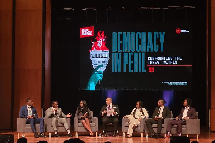 Students from the Atlanta University Center speak on a panel March 18, 2023 at the State of Black America event.