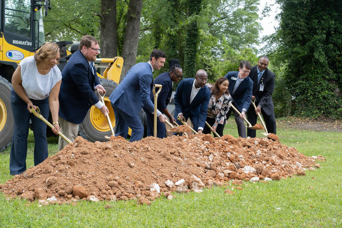 U.S. Senators Jon Ossoff and Raphael Warnock alongside county and city leaders at the groundbreaking of the new sewer system in McIntyre, G.a. on April 24, 2023.