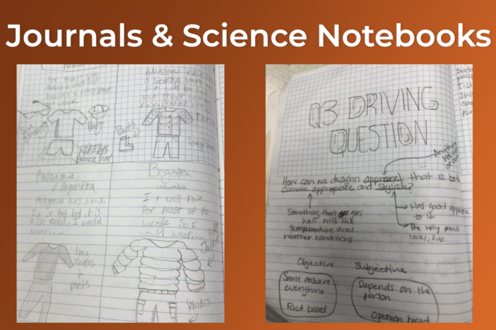 Orange background topped with images displaying student journals & science notebooks