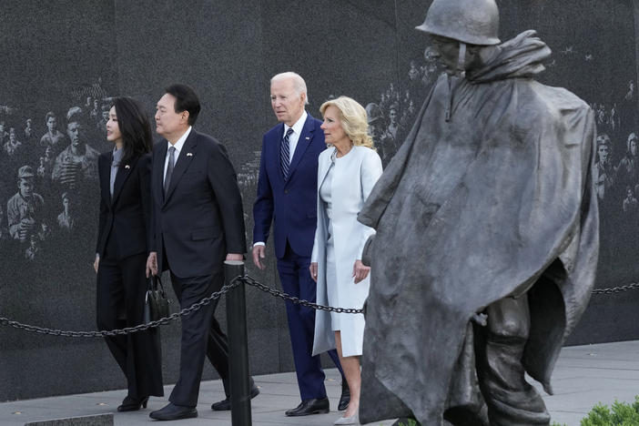 President Joe Biden, first lady Jill Biden, South Korea's President Yoon Suk Yeol and his wife Kim Keon Hee visit the Korean War Veterans Memorial in Washington, Tuesday, April 25, 2023. 