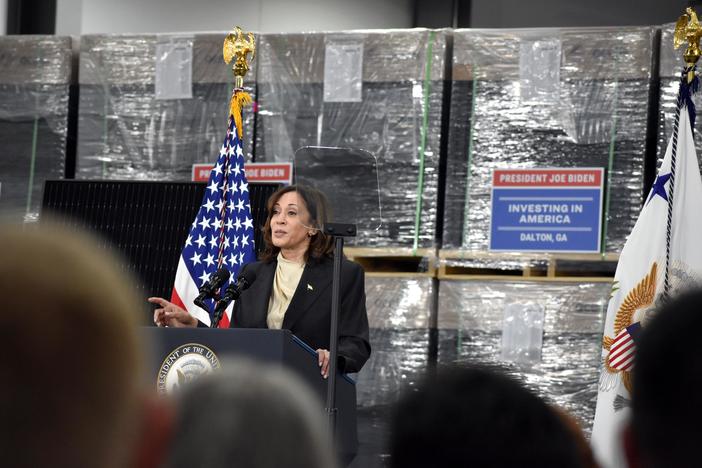 Vice President Kamala Harris speaks at the Qcells solar panel factory in Dalton, Ga. Thursday, April 6, 2023.