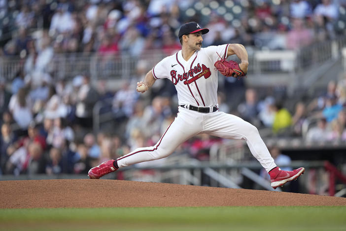 Atlanta Braves starting pitcher Spencer Strider, delivers in the first inning of a baseball game against the Miami Marlins, Monday, April 24, 2023, in Atlanta. 