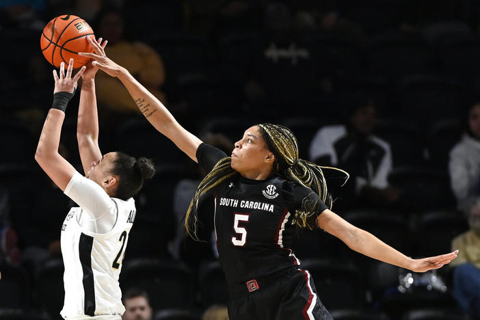 South Carolina forward Victaria Saxton (5) blocks Vanderbilt guard Ryanne Allen (24) shot from behind during the second half of an NCAA college basketball game Thursday, Jan. 19, 2023, in Nashville, Tenn. South Carolina won 96-48. (AP Photo/Mark Zaleski)