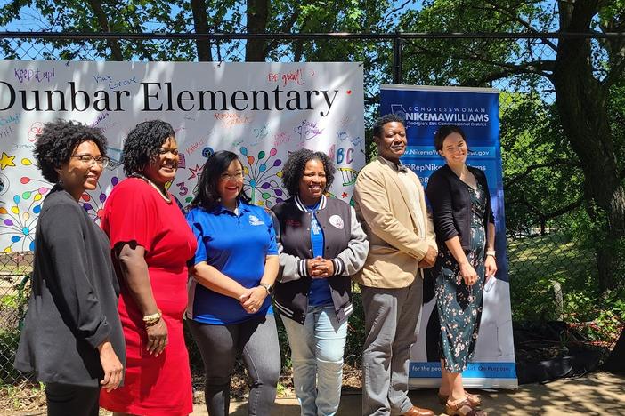 Congresswoman Nikema Williams is joined by local leaders May 2, 2023 at Paul L. Dunbar Elementary to announce Atlanta Public Schools will have 25 electric school buses thanks to federal funding.