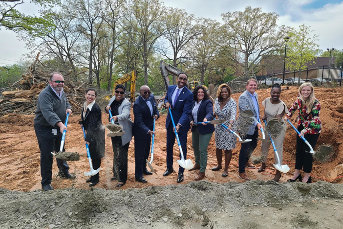 Dekalb and Fulton County officials join leaders an investors with the Atlanta Land Trust to break ground on 40 affordable townhomes March 29, 2023.
