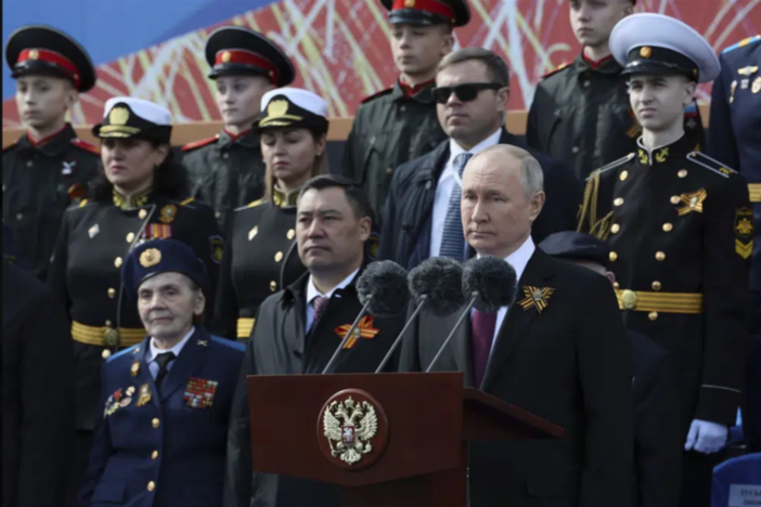 Russian President Vladimir Putin delivers his speech during the Victory Day military parade marking the 78th anniversary of the end of World War II in Red square in Moscow, Russia, Monday, May 9, 2022. (Gavriil Grigorov, Sputnik, Kremlin Pool Photo via AP)