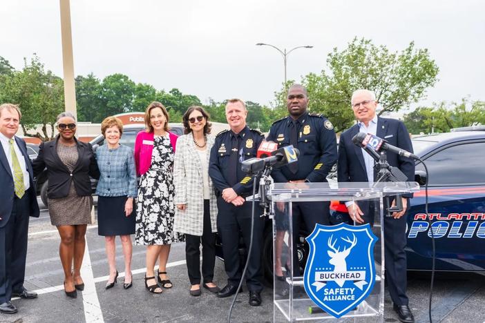 Attending Monday’s press conference announcing the Buckhead Safety Alliance’s privately funded security patrols using off-duty Atlanta Police Department officers are, from left, Robin Loudermilk, CEO of Loudermilk Companies and chair of the Atlanta Police Foundation; former APD sergeant and chair of the Buckhead Public Safety Task Force Valerie Sellers; Atlanta City Councilmember Mary Norwood; State Rep. Betsy Holland; Buckhead Council of Neighborhoods President Debra Wathen; Chief Darin Schierbaum; Maj. Ai