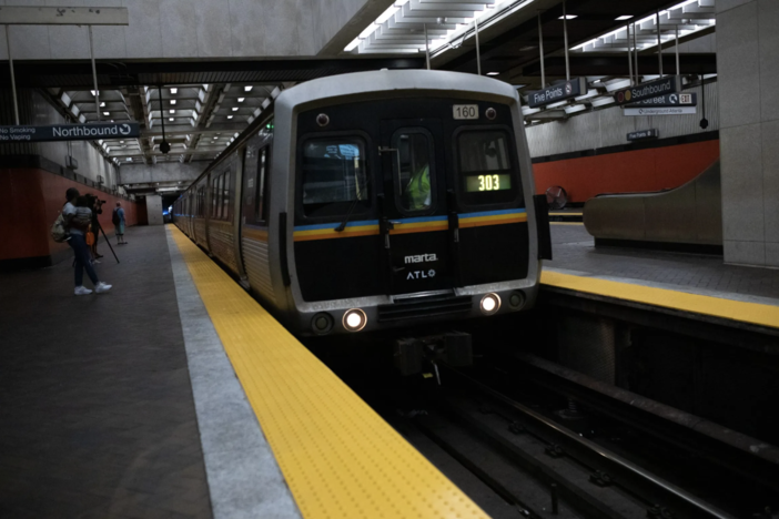 A Doraville bound MARTA train arrives at the Five Points transit station on Thursday, Aug. 11, 2022. 