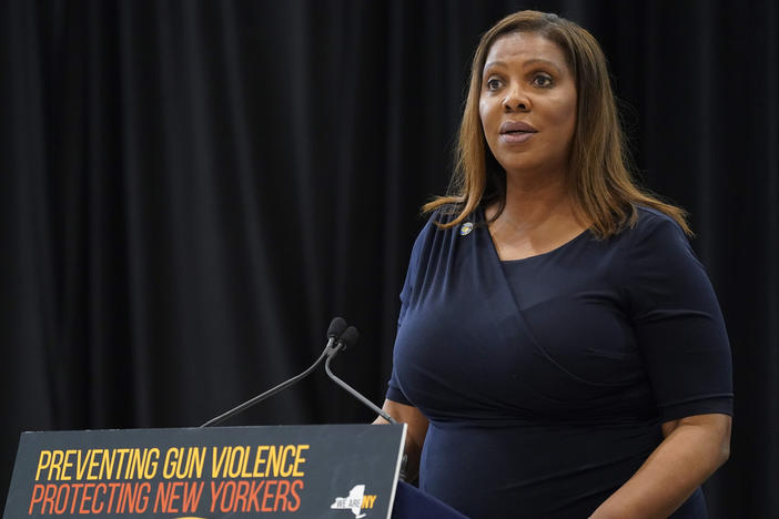 New York Attorney General Letitia James speaks during a ceremony where Gov. Kathy Hochul signed a package of bills to strengthen gun laws, June 6, 2022, in New York. James filed a lawsuit Thursday, May 11, 2023 against a gun accessory manufacturer for selling an easily removable magazine lock that can convert a legal weapon into an illegal assault weapon capable of holding high-capacity magazines. 