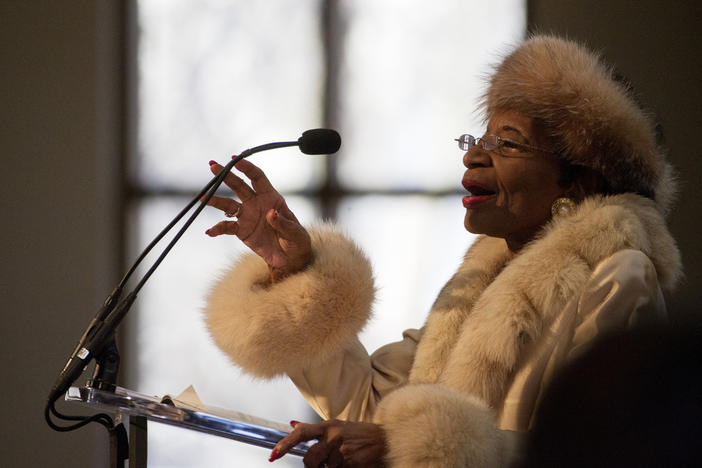 Christine King Farris, sister of the Rev. Martin Luther King Jr. speaks at the King holiday commemorative service at Ebenezer Baptist Church, the church where King preached, Jan. 19, 2015, in Atlanta. Farris, the last living sibling of Martin Luther King Jr., has died Thursday, June 29, 2023, according to her niece, the Rev. Bernice King. 