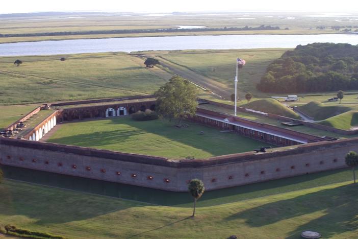An aerial view of Fort Pulaski National Monument, which sits on Cockspur Island, where the Savannah River meets the Atlantic Ocean. The river's south channel is seen at top.