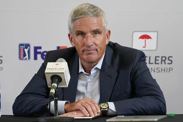 GA Tour Commissioner Jay Monahan speaks during a news conference before the start of the Travelers Championship golf tournament at TPC River Highlands, Wednesday, June 22, 2022, in Cromwell, Conn.
