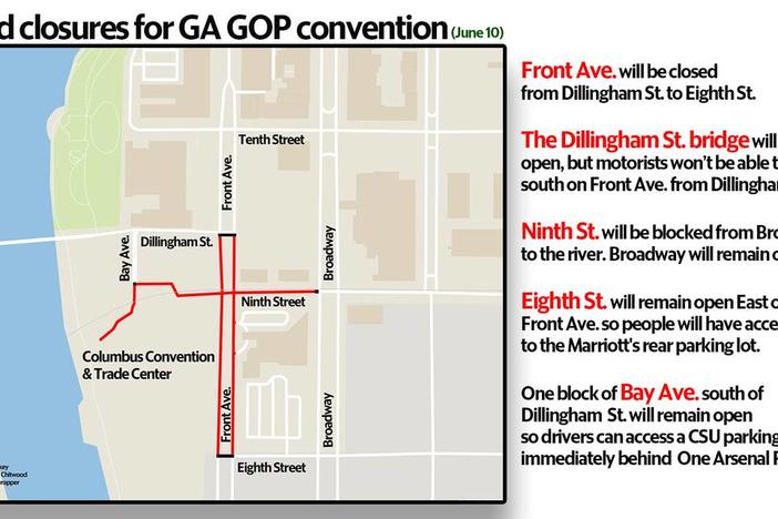 Some downtown blocks will be off-limits to the general public on Saturday, June 10 for Georgia’s Republican Convention in Columbus. The event is at the Columbus Convention and Trade Center, 801 Front Ave.