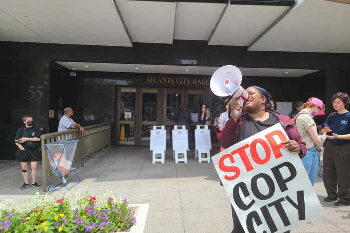 Protesters gathered in front of Atlanta City Hall on June 5, 2023 as Atlanta City Council holds a period of public comment and votes on funding for the proposed police training facility.