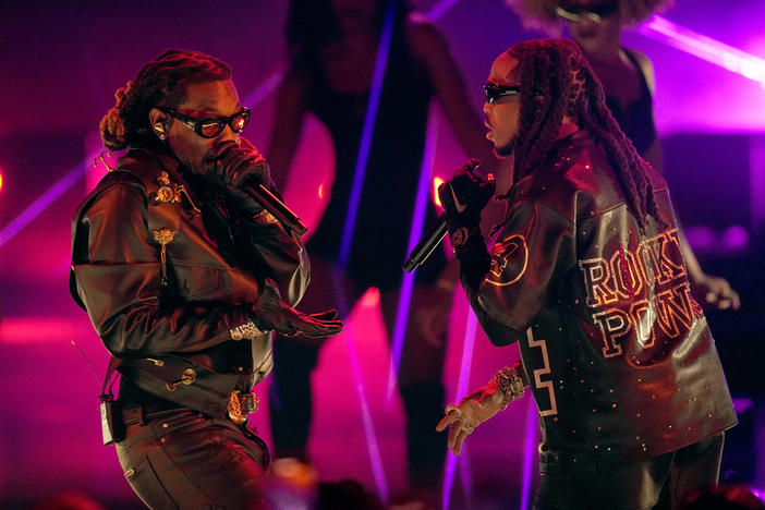 Offset, left, and Quavo of Migos perform at the BET Awards on Sunday, June 25, 2023, at the Microsoft Theater in Los Angeles. 
