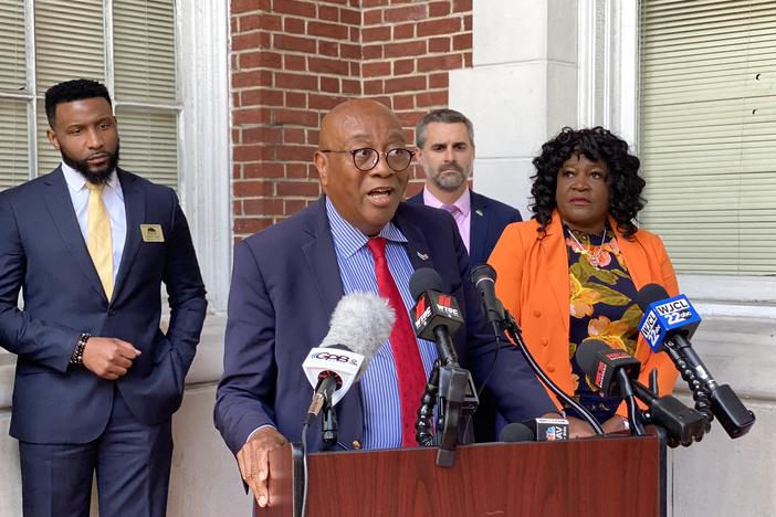 Roger Moss, board president of the Savannah-Chatham County Board of Education, speaks at a press conference outside school district offices in downtown Savannah on May 31, 2023.
