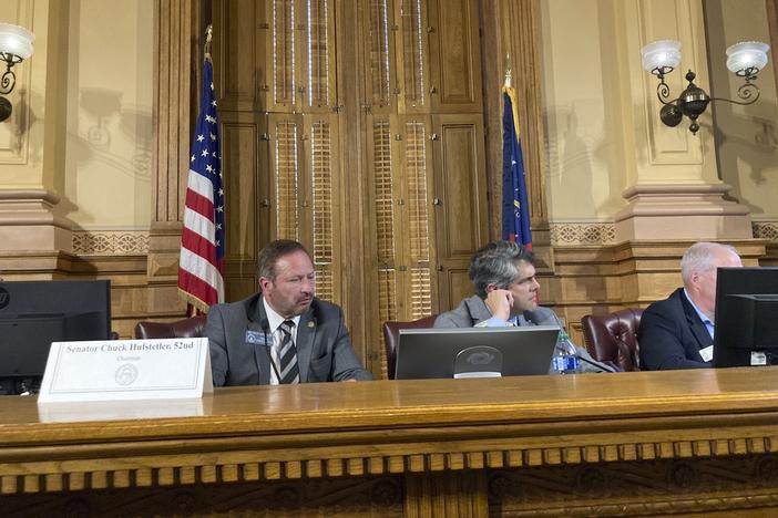 Senate Finance Committee Chairman Chuck Hufstetler, R-Rome, left, and House Ways and Means Committee Chairman Shaw Blackmon, R-Bonaire, listen to a presenter during a meeting on tax breaks on Wednesday, June 14, 2023, at the Georgia Capitol in Atlanta.