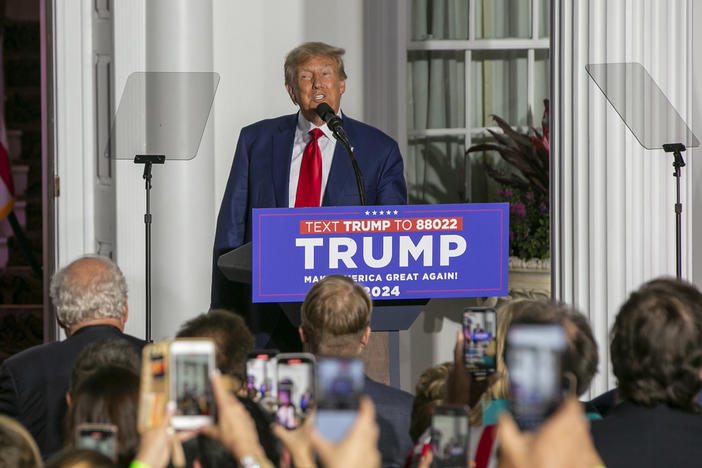 Former U.S. President Donald Trump speaks at his Trump National Golf Club Bedminster on Tuesday, June 13, 2023, in Bedminster, New Jersey. Trump spoke at the golf club after he pleaded not guilty to federal charges alleging he hoarded classified documents detailing sensitive military secrets and schemed to thwart government efforts to get them back.