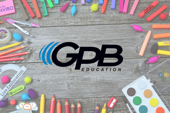 Back to school supplies surrounding GPB logo.