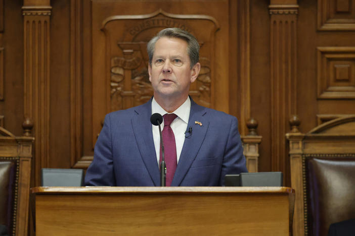 Georgia Gov. Brian Kemp delivers the State of the State address on the House floor of the state Capitol, Jan. 25, 2023, in Atlanta. The Republican Kemp announced final tax collections for 2023 on Wednesday, July 12, indicating the state will run a roughly $5 billion surplus for the budget year just ended. 