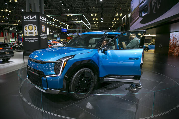 An electric battery-powered Kia EV9 sport utility is shown at the New York International Auto Show, April 6, 2023, in New York. Kia Corp. announced on Wednesday, July 12, that it would invest $200 million to assemble the EV9 at its factory in West Point, Ga. 