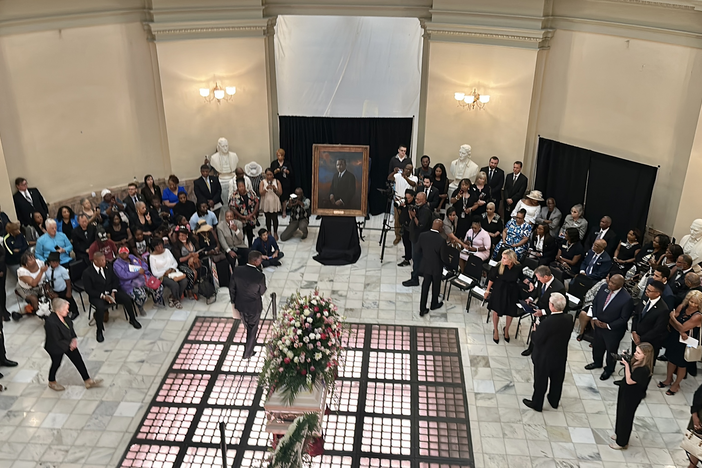 Georgia Gov. Brian Kemp, Sen. Raphael Warnock, state lawmakers and Atlanta City Council members paid tribute to Dr. Christine King Farris at the Georgia Capitol on July 14, 2023.
